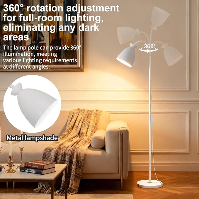 White Floor Lamp for Living Room Corners Bedroom Bedside Kids room dorm Library,9W LED tri Color Dimming, Gooseneck Adjustment, Iron Lampshade, Work Desk Lamp,Tall Standing Reading Light, home decor