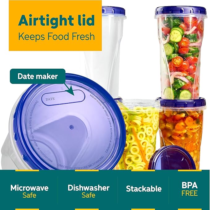 PLASTICPRO 12 Pack Twist Cap Food Storage Containers with Blue Screw on Lid- 48 oz Reusable Meal Prep Containers - Large Freezer Containers Microwave Safe Blue Plastic Food Storage
