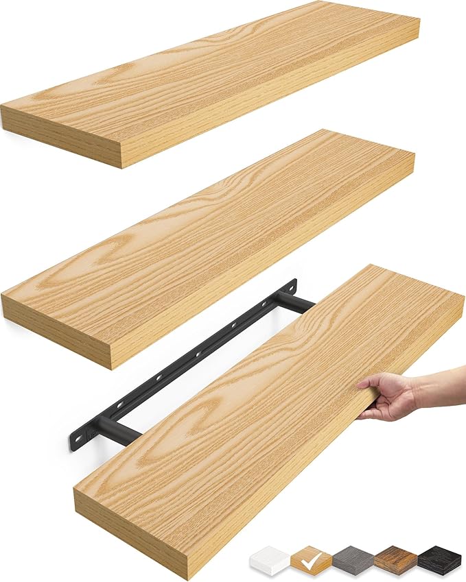 BAYKA Floating Shelves for Wall, 22.5 inches Wall Mounted Rustic Wood Shelves for Bathroom, Bedroom, Living Room, Floating Shelves for Books/Storage/Decor (Light Oak-Toned,Set of 3)