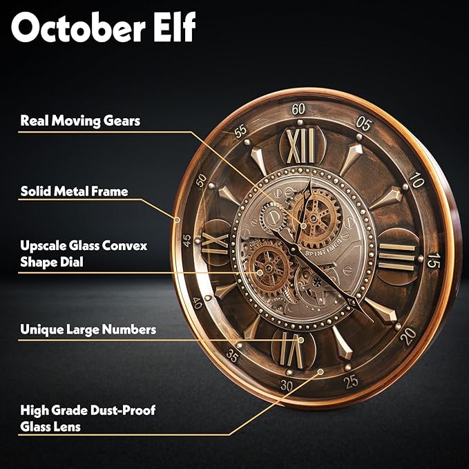 October Elf 24 Inch Wall Clock with Moving Gears Large Industrial Steampunk Metal Clock Antique Gold Oversized Farmhouse Decor Wall Clock for Living Room Home Office(Brown with Roman Numerals)