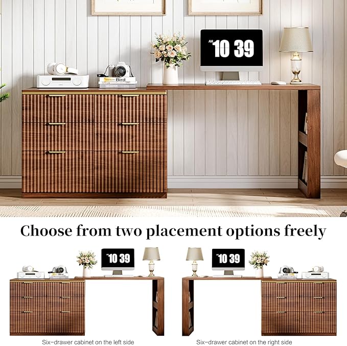 L Shaped Standing Desk,47" Home Office Desks, Executive, Farmhouse Computer Desk with 6 Drawers File Drawer, Rustic Computer Writing, Walnut