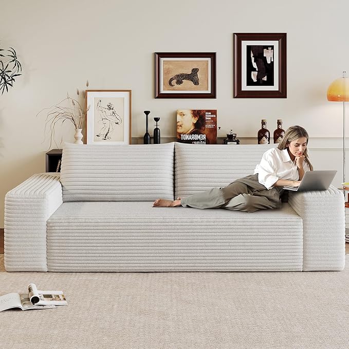 63" Boneless Loveseat Sofa - Cloud Couch with Memory Foam, Comfy Deep Seat - Corduroy Floor Sofa, No Assembly Required - Small Space Friendly for Living Room, Bedroom, Apartment, White