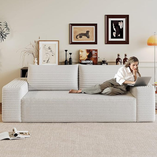 63" Boneless Loveseat Sofa - Cloud Couch with Memory Foam, Comfy Deep Seat - Corduroy Floor Sofa, No Assembly Required - Small Space Friendly for Living Room, Bedroom, Apartment, White