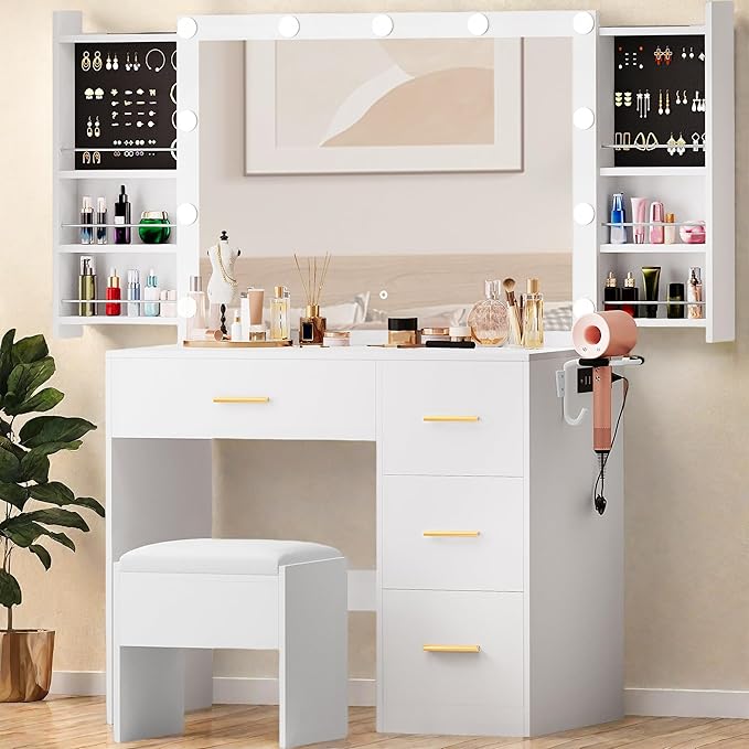 YITAHOME Makeup Vanity Table with Lighted Mirror, Cushioned Stool, 4 Storage Drawers & Hidden Jewelry Organizer, 3-Mode LED Lighting