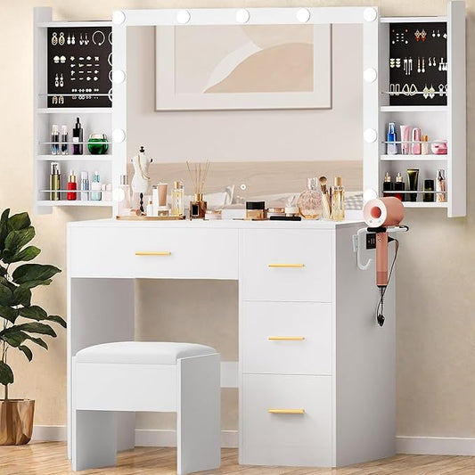 YITAHOME Makeup Vanity Table with Lighted Mirror, Cushioned Stool, 4 Storage Drawers & Hidden Jewelry Organizer, 3-Mode LED Lighting
