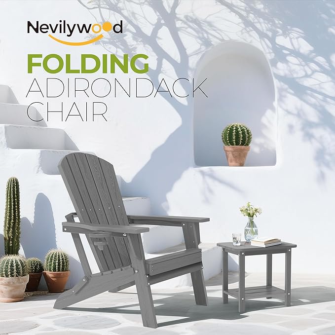 nevilywood Folding Adirondack Chair with Cup Holder Set of 4, HDPE Patio Chairs,All-Weather Outdoor Chairs for Backyard, Deck,Fire Pit-Grey