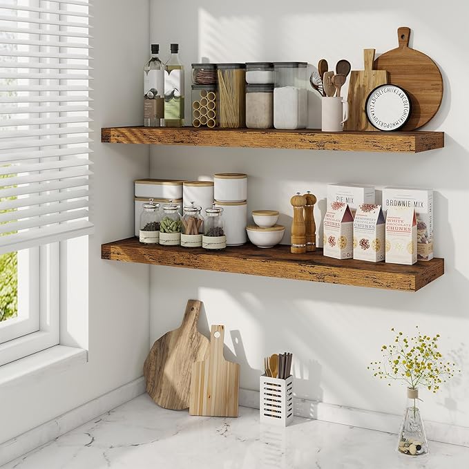 Fun Memories 36 Inch Floating Shelves, 9.3 Inch Deep Rustic Wall Shelves - Extra Deeper Wall Mounted Storage Shelves for Bathroom, Kitchen, Living Room (Brown, Set of 2)