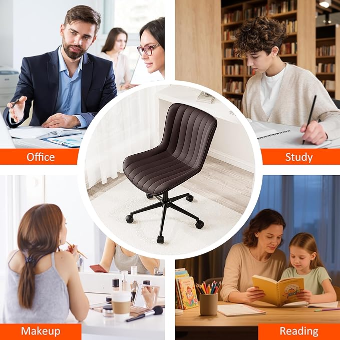 Kidol & Shellder Brown Leather Home Office Desk Chair with Wheels Modern Cute Armless Executive Swivel Vanity Chair with Comfy Padded Back Ergonomic Rolling Adjustable Computer Task Chair Small