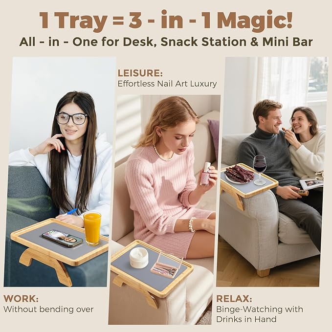 Couch Armrest Table, Foldable Bamboo Sofa Arm Tray for Couch with a Non-Slip Pad, Clip On Couch Arm Table for Remotes/Eatting/Drinks, Fits Sofa Armrest 3.5"-13.5" Natural
