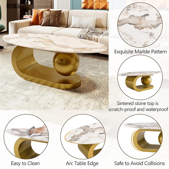 Merax 47.2" Modern Oval Coffee Table, Marble Pattern Sintered Stone Coffee Tabletop with Gold Stainless Steel Base for Living Room, White+Gold