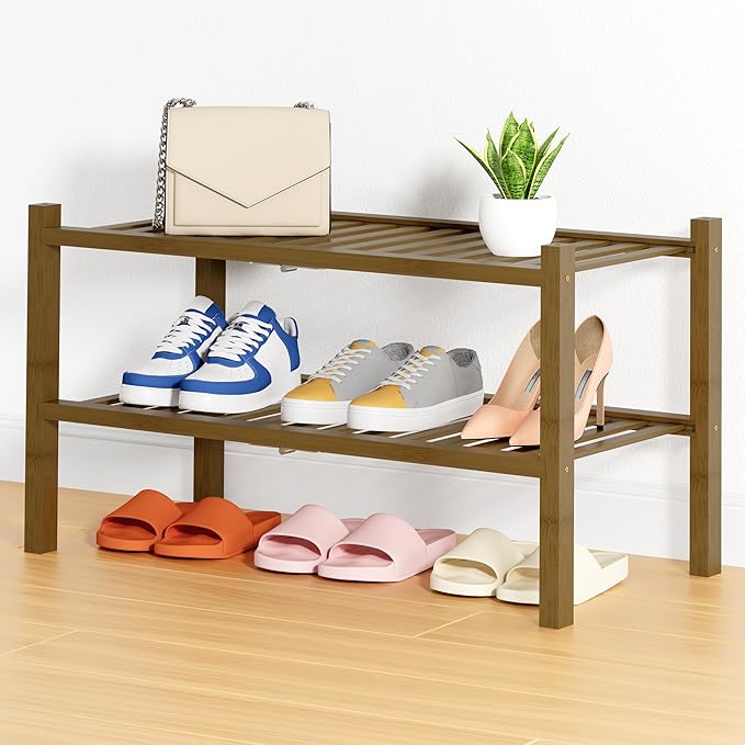 Smiry Shoe Rack, 2 Tier Thick Bamboo Shoe Organizer, Stackable Free Standing Wooden Shoe Storage Shelf for Closet, Entryway, Front Door Entrance, Walnut