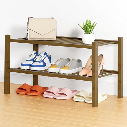 Smiry Shoe Rack, 2 Tier Thick Bamboo Shoe Organizer, Stackable Free Standing Wooden Shoe Storage Shelf for Closet, Entryway, Front Door Entrance, Walnut