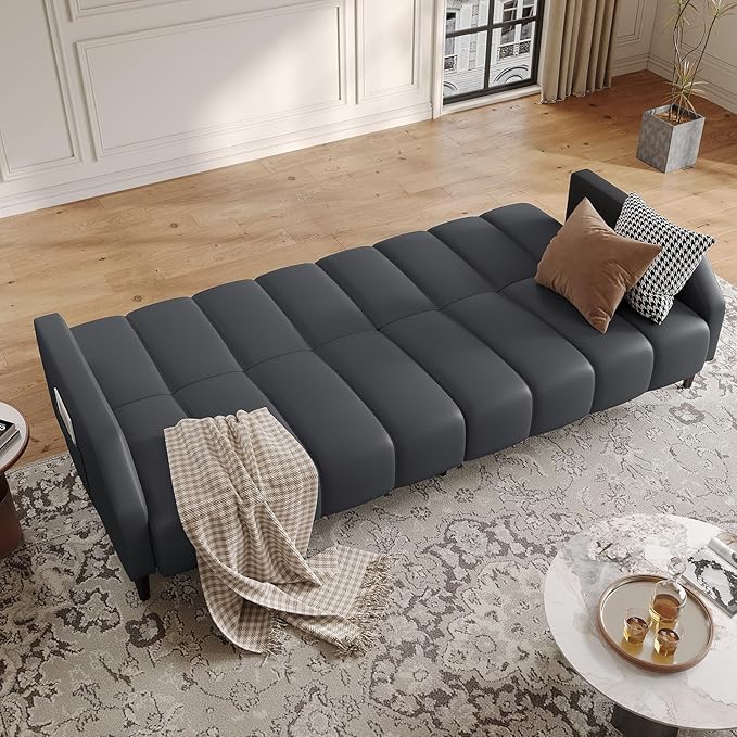 Fadware Faux Leather Couch, Convertible Futon Sofa Bed with Adjustable Backrest, Mid Century Leather Sofa Loveseat with Side Pockets& Metal Leg, Modern Leather Sleeper Sofa for Living Room Bedroom