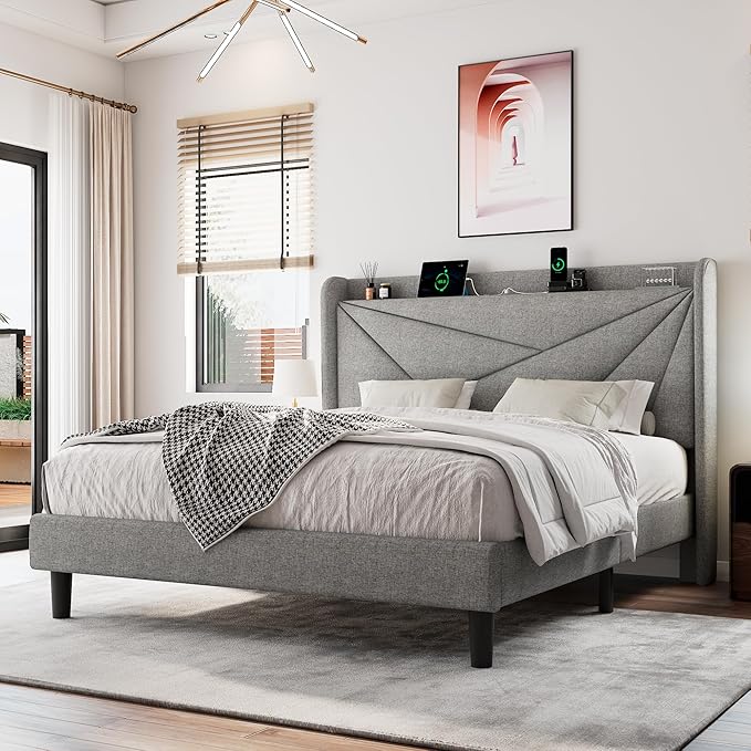 Queen Size Upholstered Bed Frame with Charging Station, Platform Bed Frame with Storage Headboard, Solid Wood Slats Support, No Box Spring Needed, Light Gray