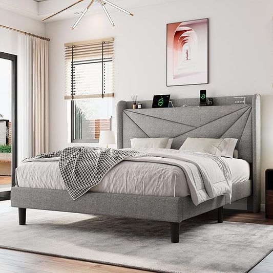 Queen Size Upholstered Bed Frame with Charging Station, Platform Bed Frame with Storage Headboard, Solid Wood Slats Support, No Box Spring Needed, Light Gray