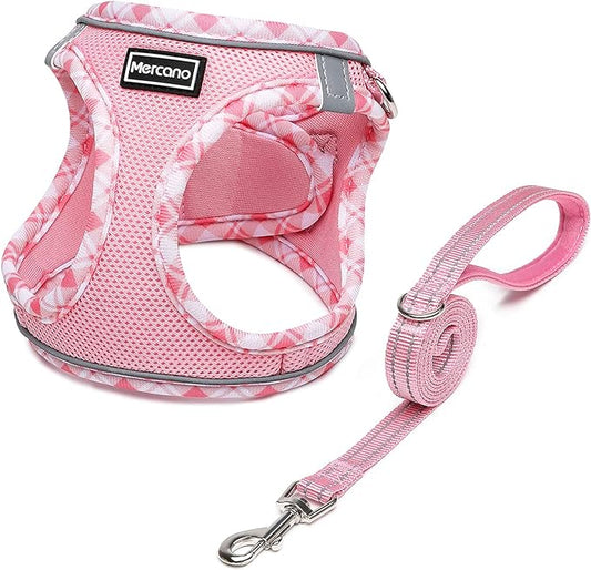 Mercano Soft Mesh Dog Harness and Leash Set, No-Chock Step-in Reflective Breathable Lightweight Easy Walk Vest Harnesses with Safety Buckle for Small Dogs, Cats (Pink, XXS)