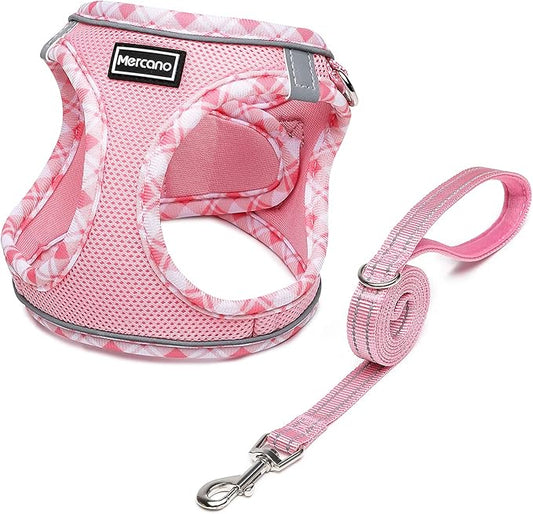 Mercano Soft Mesh Dog Harness and Leash Set, No-Chock Step-in Reflective Breathable Lightweight Easy Walk Vest Harnesses with Safety Buckle for Small Dogs, Cats (Pink, XL)