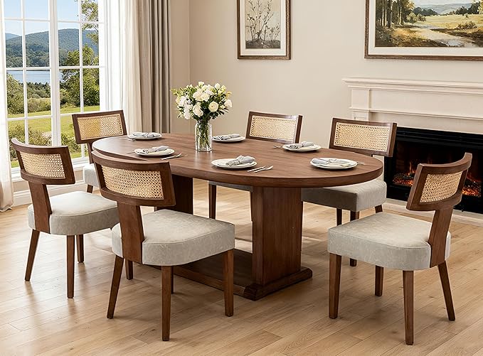 Upholstered Dining Chairs Set of 6 with Rattan Back, Modern Wooden Kitchen Chairs PU Leather Side Dining Room Chair Farmhouse Dinner Chair, Grey
