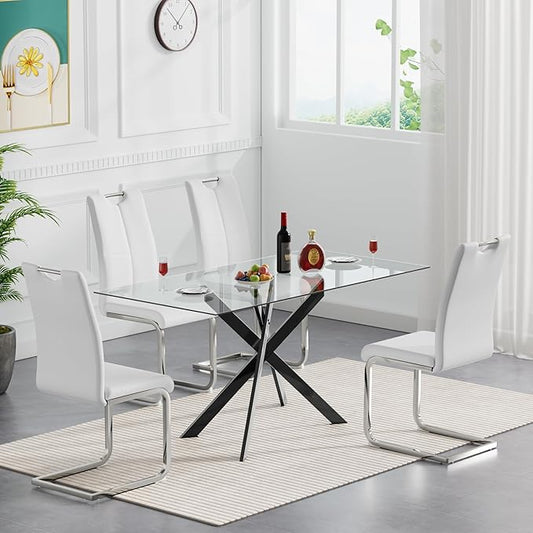 Modern Glass Dining Table Set for 4, Black Glass Kitchen Table and Chairs Set of 4, 5 Piece Dining Room Table Set with 61" Rectangular Metal Glass Dinner Table and 4 White Leather Dining Chairs