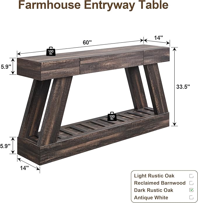 60" Farmhouse Entryway Table with Drawer, Entry Table with Storage, Sofa Table for Living Room, Behind Couch, Sofa(Dark Rustic Oak)