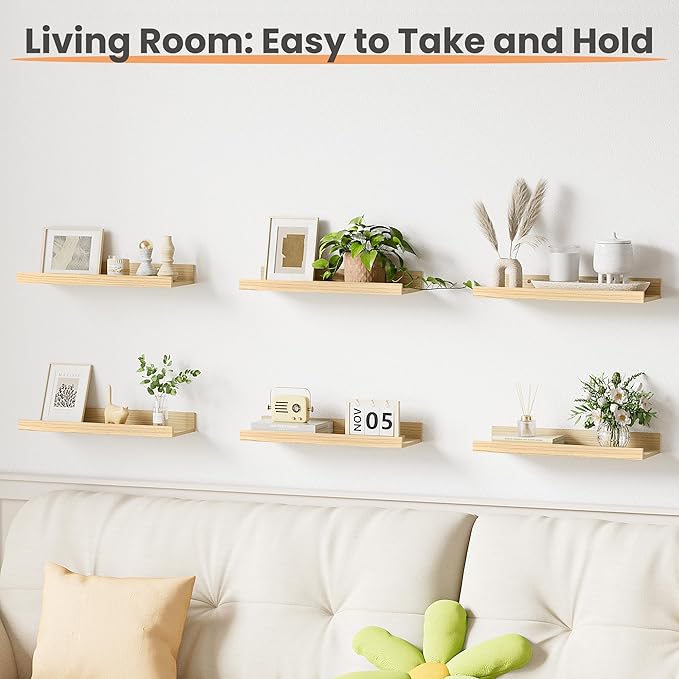 upsimples Floating Shelves for Wall, Wall Shelves for Decor Storage Set of 6, Wall Mounted Wood Shelf for Bedroom, Living Room, Bathroom, Kitchen, Picture Ledge Shelves, Natural