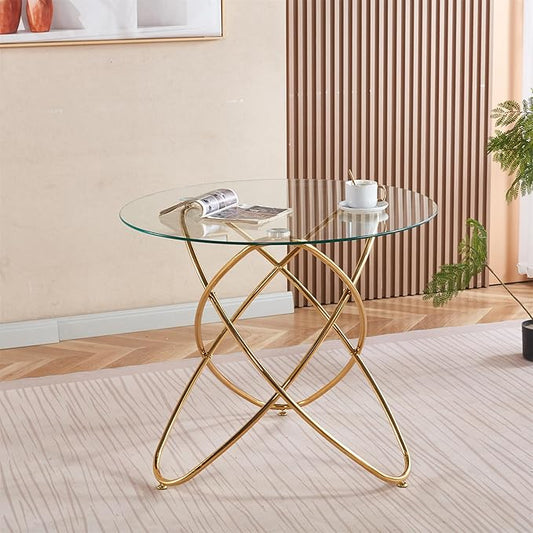 35.4" Round Dining Table for 4, Modern Clear Glass Kitchen Table for 4 with Gold Metal Legs, Compact Small Circle Dining Room Leisure Tables for Kitchen Apartment