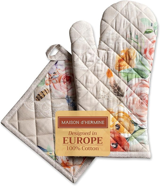 Maison d' Hermine 100% Cotton Oven Mitt & Pot Holder Set (7.5"x13" & 8"x8") Heat Resistant BBQ Cooking Gloves with Loop, Baking, Grilling, Kitchen, Handling Hot Pans Spring/Summer (Ibiza - Beige)