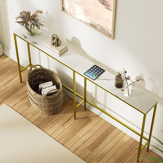 70.9" Console Table,Modern Extra Narrow Long Sofa Table Behind Couch,Skinny Entry Table with Gold Metal Frame for Living Room, Hallway,Marble White