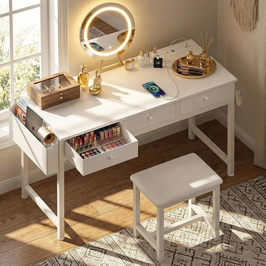 White Makeup Vanity Desk with Mirror and Lights Big Vanitys Set with Chair, Drawers and Power Outlet, Dressing Table Vanities for Girls Bedroom 47“