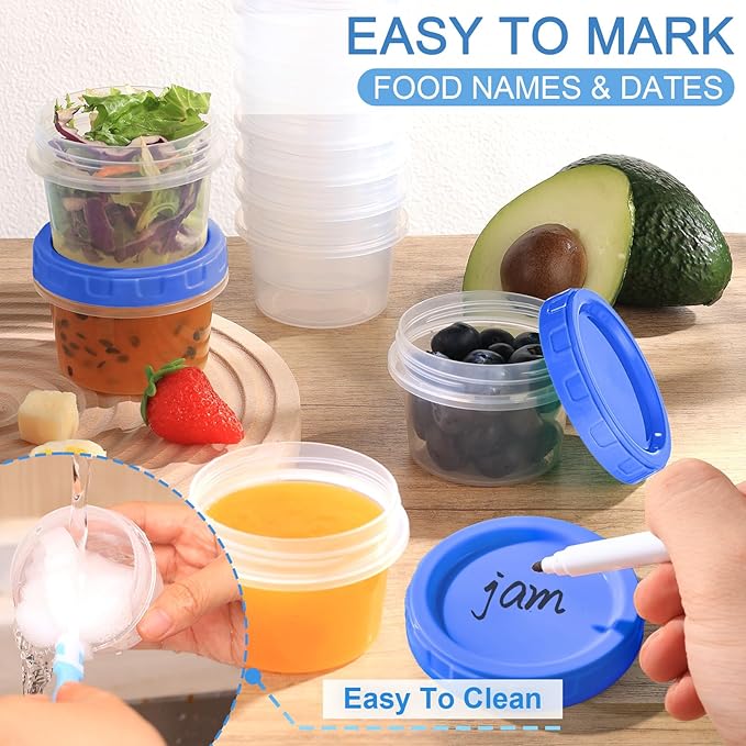 6 Pcs 4 oz Plastic Containers with Screw Lids, Reusable 1/2 Cup Small Food Storage Containers, Airtight Freezer Containers, Microwave & Dishwasher Safe, with Pen and Brush