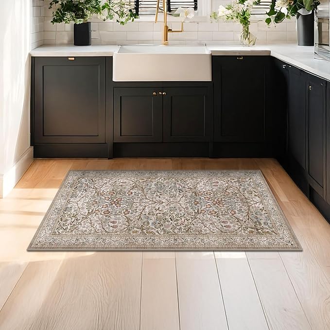 Moss Green Washable 2x4 Entry Rug - Front Door Rugs Indoor, Vintage Floral Style Small Rug for Kitchen, Bathroom, Non-Slip Boho Vintage Dark Taupe Entryway Décor