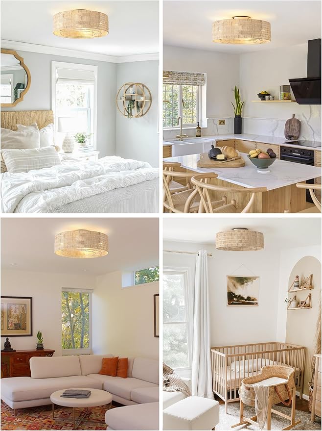 Caged Ceiling Fans with Lights Flush Mount, 20" Fabric Boho Ceiling Fan with Light Remote Control, Enclosed with 6 Speeds for Bedroom, Nursery, Living Room (Beige)