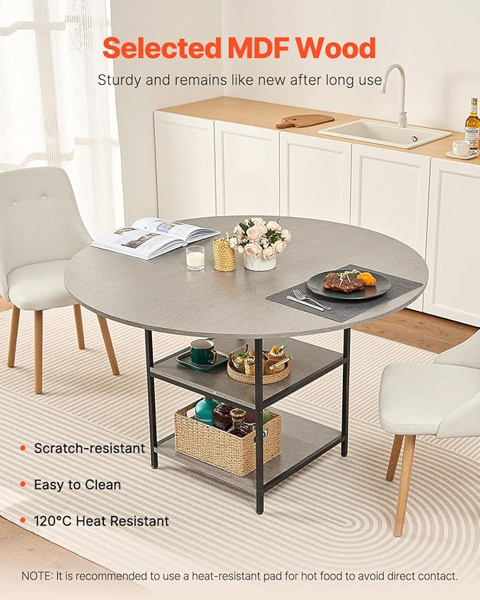 VEVOR Round Dining Table, 47 inch Wood Table for 4-6 Person, Modern Circle Dinner Furniture, Leisure Tables with Storage Shelf and Metal Legs, for Home Kitchen Living Room, Grey (Only Table)