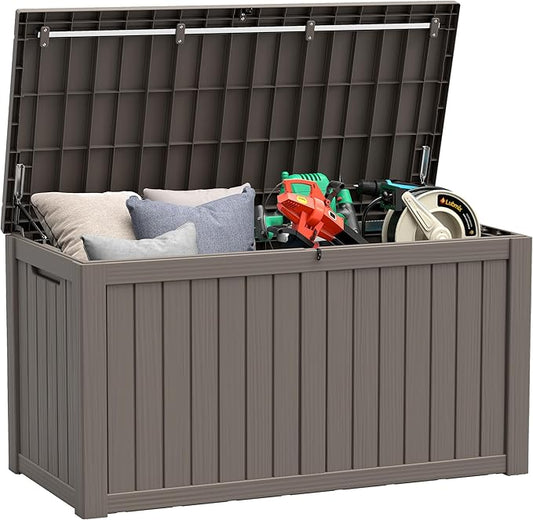 150 Gallon Resin Deck Box, Large Indoor and Outdoor Storage Box, Weatherproof and UV Resistant Outdoor Storage Box with Built-in Steel Beams for Patio, Cushions, Pool Supplies