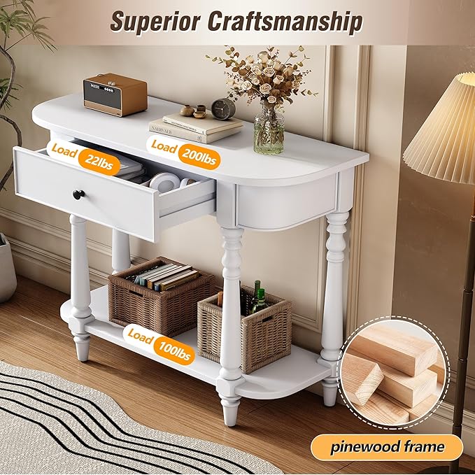HMFULE Retro Curved Console Table, 36" Solid Wood Half Moon Console Table Sofa Table Entryway Table with 1 Drawer 1 Open Shelf Roman Legs Curved Corners for Living Room,Entryway,Hallway,White