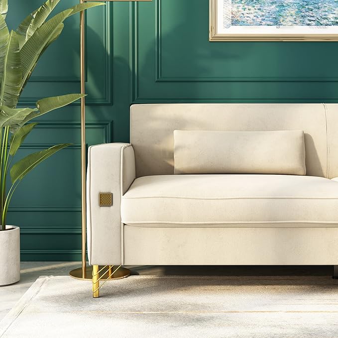 2PCS 85.63" Beige Velvet Sofa,Modern Loveseat Couch with Pillows Set of 2 for Living Room,Bedroom,Apartment Furniture with Gold Metal Legs