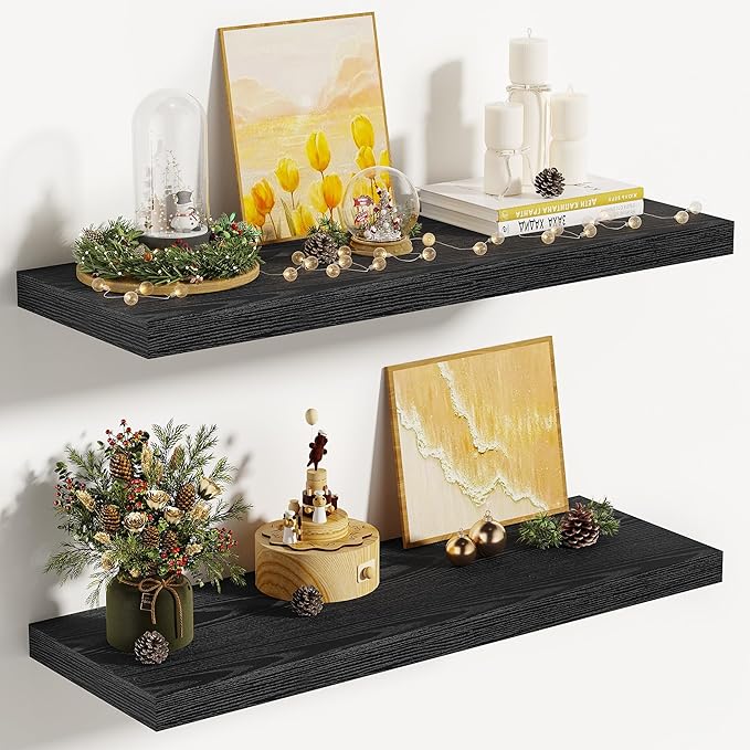 Vivelove 24 Inches Floating Shelves Wall Mounted, 10" Deep Wall Shelves for Bedroom, Bathroom, Living Room, Kitchen, Office, Home Decor, Modern Shelf, Set of 2, Black, 24x10.2x1.5