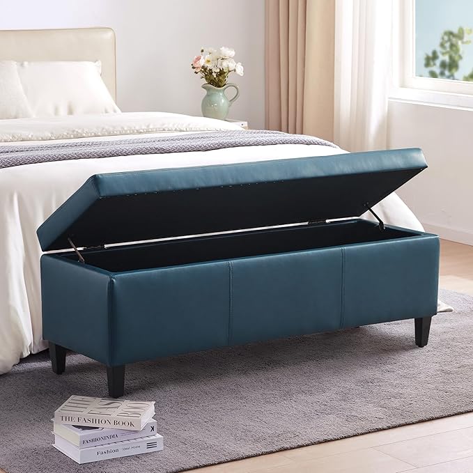 HUIMO Faux Leather Storage Ottoman Bench 50.3 Inch Extra Long PU Upholstered Bedroom Bench with Large Storage Space for The Living Room, Entryway, Bedroom Hold Up to 300lbs (Peacock Blue)