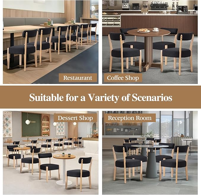 Dining Chairs,Set of 2 Mid-Century Modern Wooden Kitchen Chairs with Linen Upholstery - Low-Back Woven Design for Kitchen & Dining Room,Black Fabric