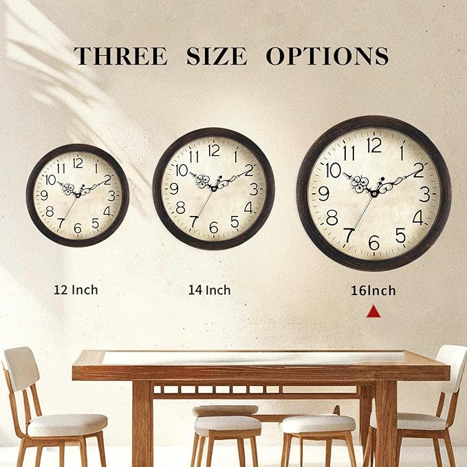 Wall Clock, Vintage Wall Clocks Battery Operated Quartz Silent Non-Ticking 16 Inch Retro Rustic Style Clock Decorative for Kitchen,Bathroom Home Office (Bronze)