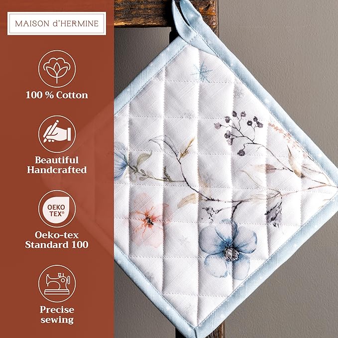 Maison d' Hermine Pot Holders Set 100% Cotton Heat Resistant Potholders 8" x 8" Hot Pads with Loop for Thanksgiving Christmas Decorations BBQ Cooking Baking Handling Hot Pans (Pack of 2, Ice Florals)