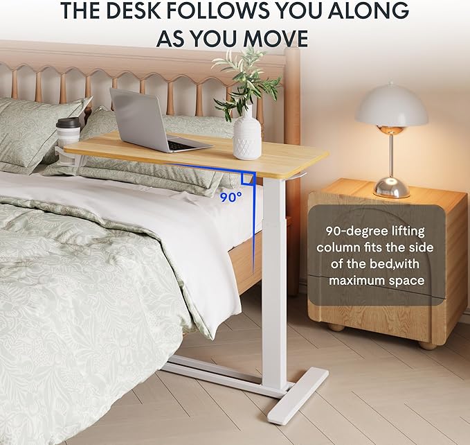 FLEXISPOT Adjustable C Table with Wheels, Mobile Snack Side End Table Sofa Couch Bedside Table Laptop Rolling Cart TV Tray Night Stand Small Space Side Table,(31.5" W x 17.7" D,Maple)