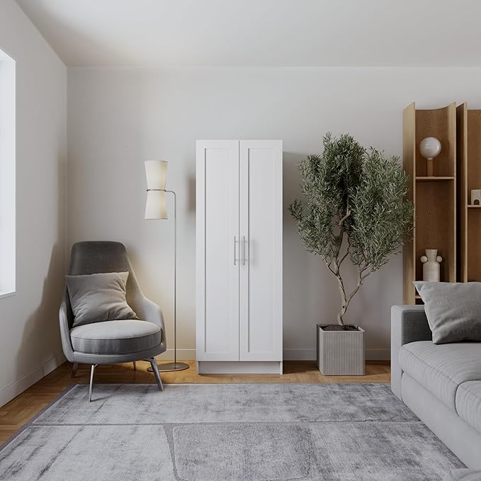 Prepac Elite Plus 24" Wide Storage Accent Cabinet with Panel Doors, White Storage Cabinet, Bathroom Cabinet, Pantry Kitchen with 3 Shelves 16.75" D x 24" W x 65" H