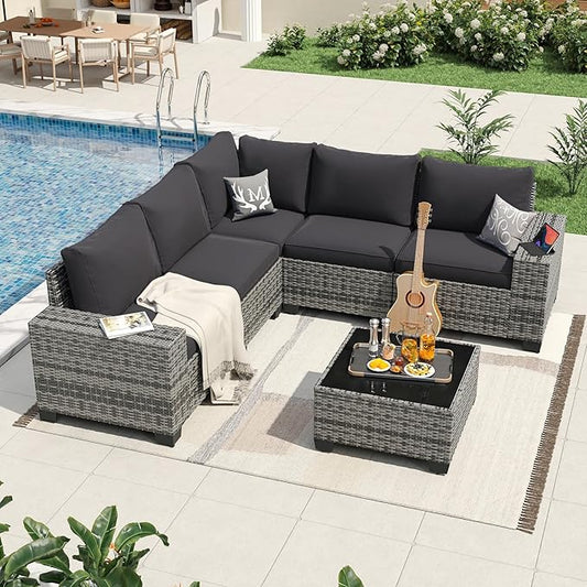 Aoxun 6 Pieces Patio Furniture Set Wicker Rattan Outdoor Sectional Conversation Set with Coffee Table and 4” Thickened Cushions, Gray Black (Waterproof Cover Included)
