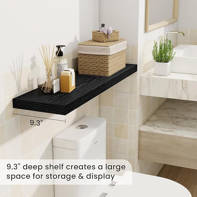 Fun Memories 36 Inch Floating Shelves, 9.3 Inch Deep Rustic Wall Shelves - Extra Deeper Wall Mounted Storage Shelves for Bathroom, Kitchen, Living Room (Black, Set of 2)
