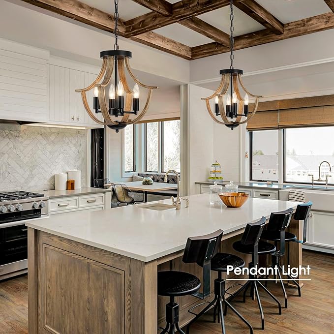 Farmhouse Hanging Pendant Lighting, 4-Light Rustic Flush Mount Ceiling Light Fixture,Modern Faux Wood Vintage Chandelier for Dining Room Kitchen Island Foyer Hallway Entryway Bedroom