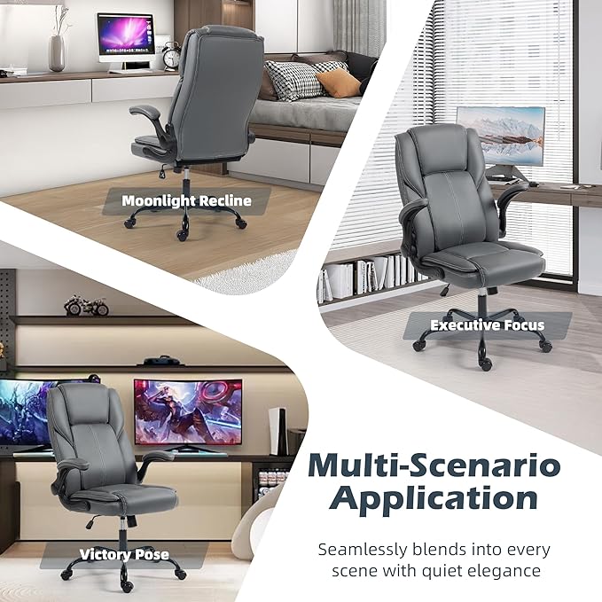 Office Chair - Executive Leather High Back Office Desk Chair with Rocking Function - Ergonomic Breathable Comfortable Wide Swivel Rolling Gaming Computer Chair with Flip-up Armrests & Lumbar Support