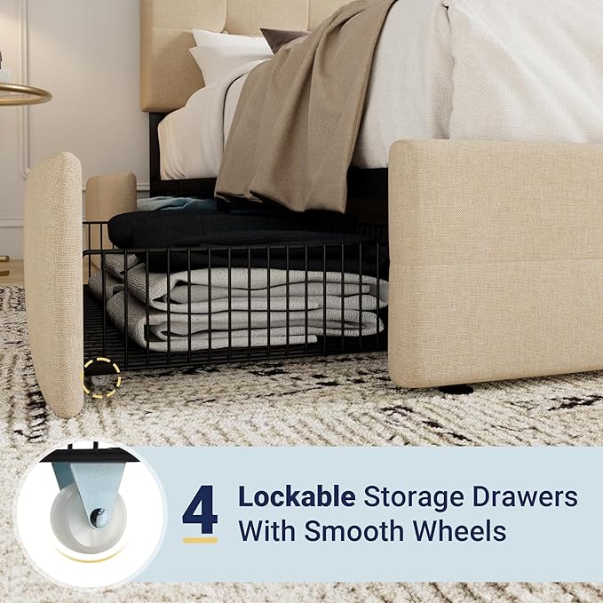 Allewie Upholstered King Size Platform Bed Frame with 4 Storage Drawers and Headboard, Square Stitched Button Tufted, Mattress Foundation with Wooden Slats Support, No Box Spring Needed, Beige