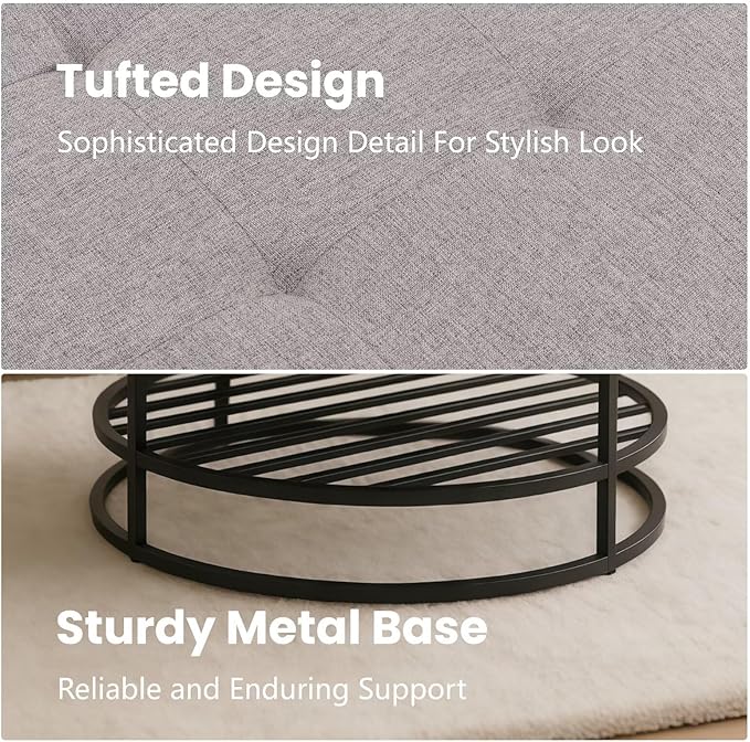 Ottoman Coffee Table with Upholstered Tufted Linen Fabric, Round Center Table with Storage Large Footrest Ottoman for Living Room Gray