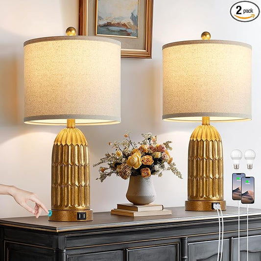 Table Lamps for Bedroom Set of 2, Farmhouse 3-Way Dimmable Touch Nightstand Lamp with 2 USB Charging Ports, Vintage Rustic Traditional Bedside Lamp for Living Room End Table